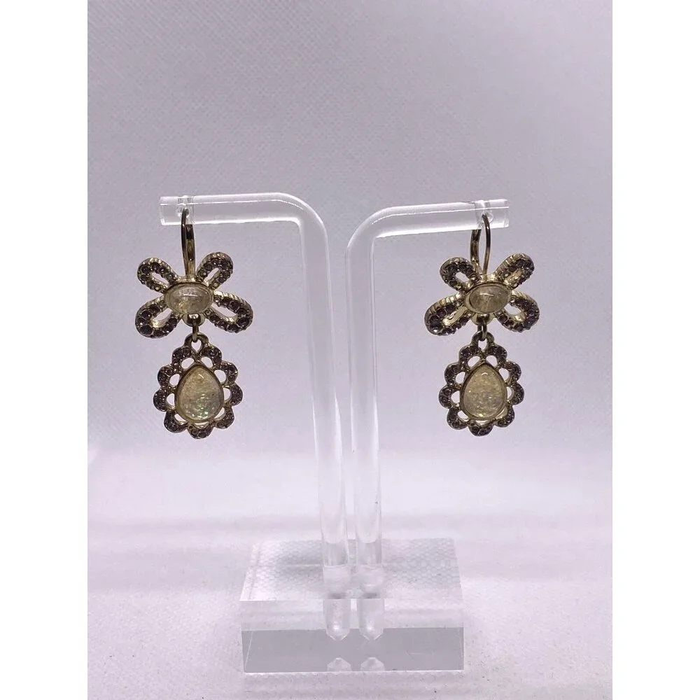 Vintage Gold Tone Crystal Flower Drop Earrings Dangle Rhinestone Art Deco 50s